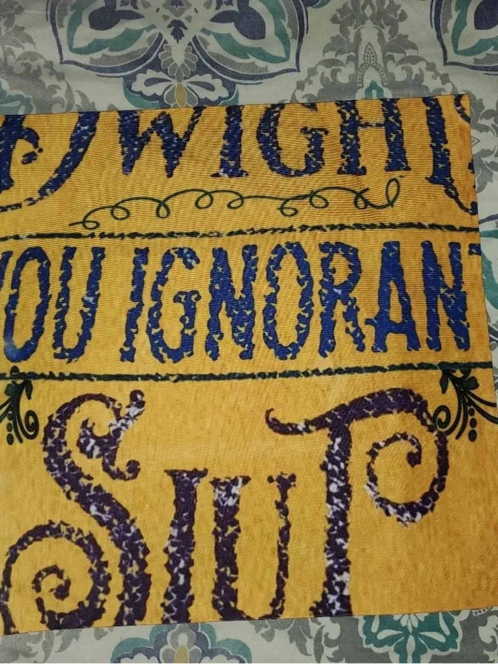 Yellow Textured Throw Pillow Cover with Blue Script